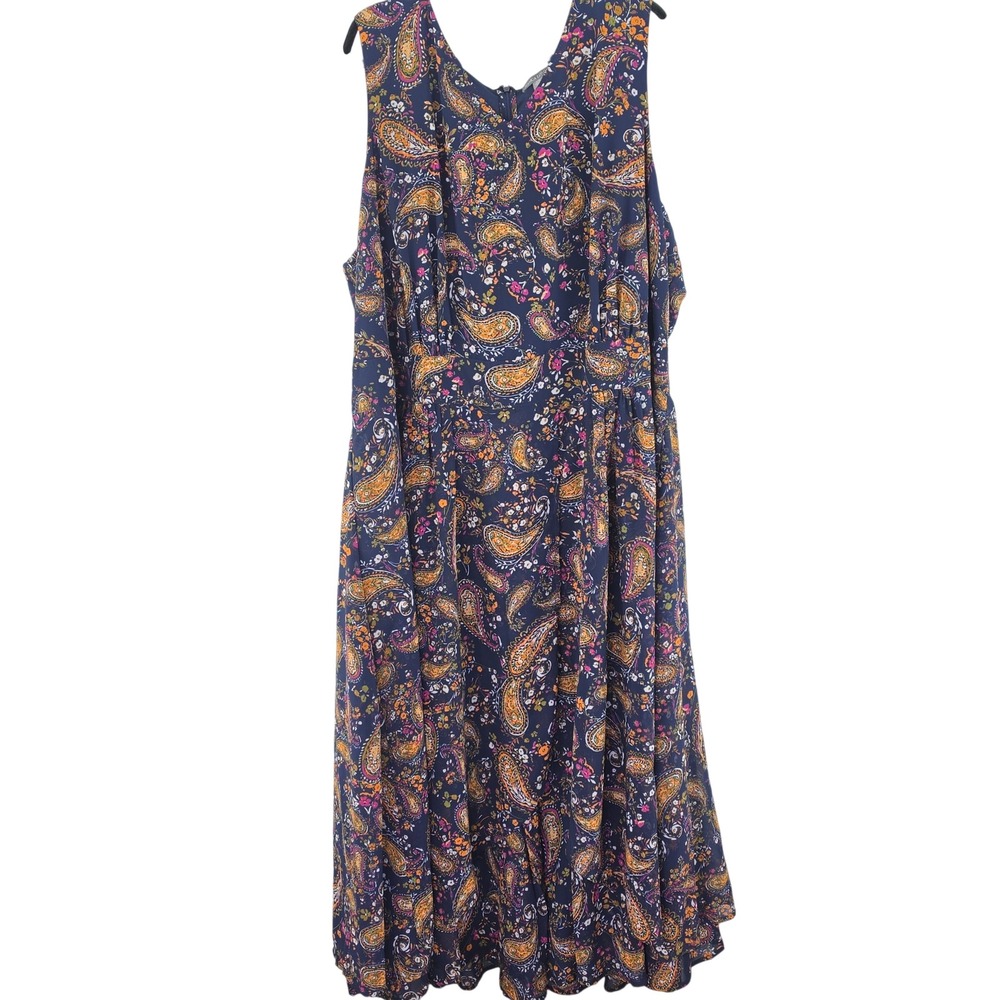 Jessica London Maxi Dress Womens 32W Navy Blue Paisley Floral V-Neck Sleeveless